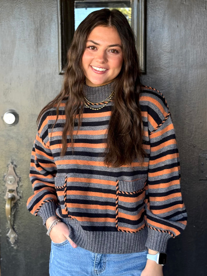 Pumpkin Patch Striped Mock Neck Sweater