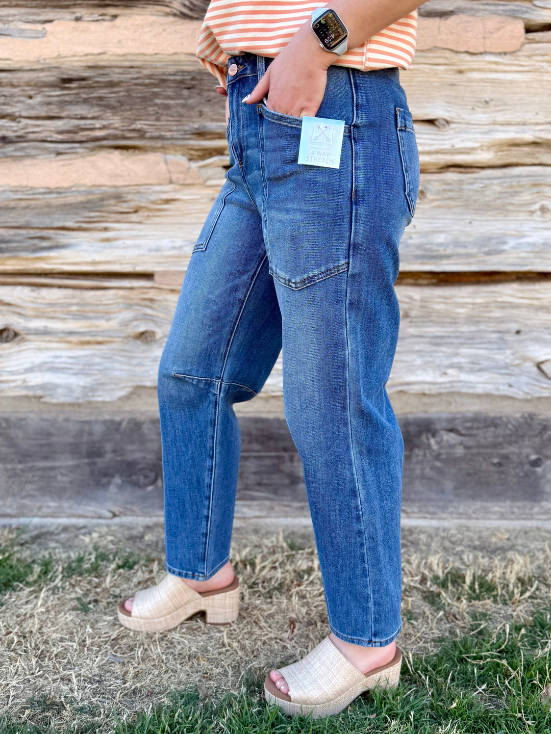 Clover Mid Rise Patch Pocket Barrel Jean by Risen