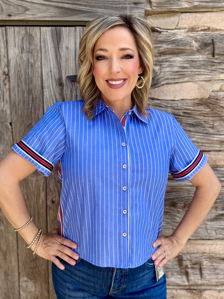 Buttoned in Blue Striped Top