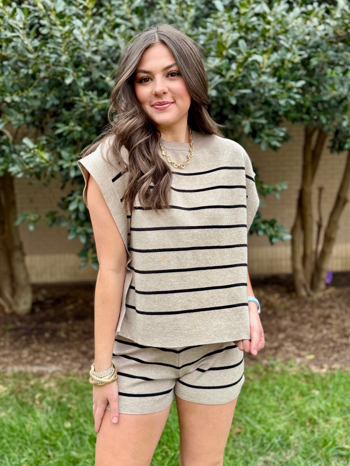 Play All Day Taupe Striped Short Set