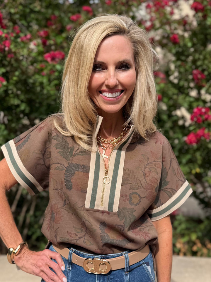Soft Bloom Brown Floral 1/4 Zip Top