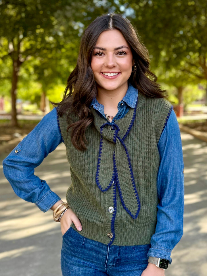 So Me Green Tie Neck Sweater Vest