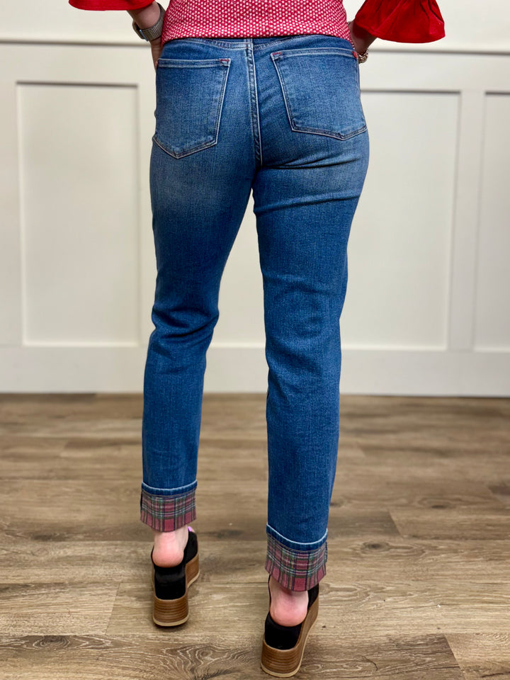 Amara Midrise Boyfriend Plaid Cuff Jean by Judy Blue