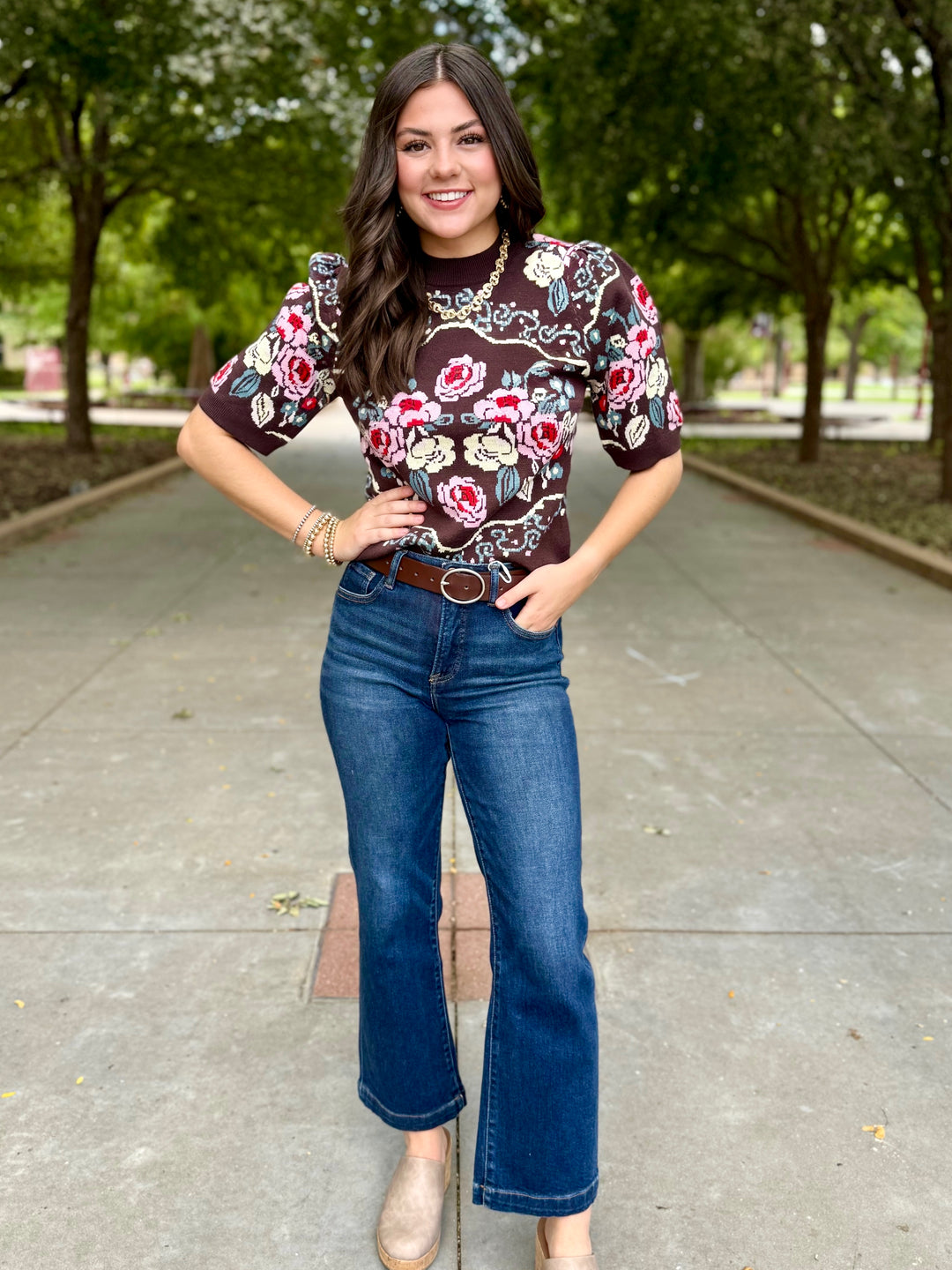Sunday Ease Floral Short Sleeve Sweater by THML