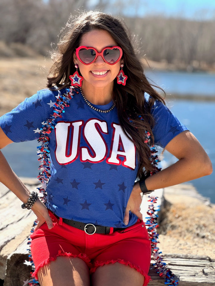 USA in Glitter & Metallic Puff on Royal Blue Stars Tee by Texas True Threads