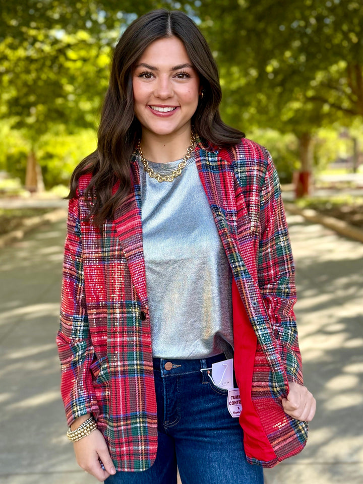 Plaid Glimmer Sequin Blazer