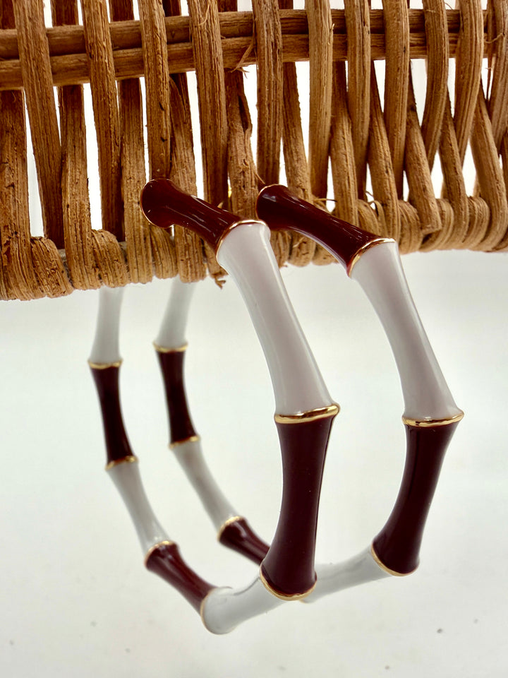 Maroon and White Bamboo Style Hoop Earrings