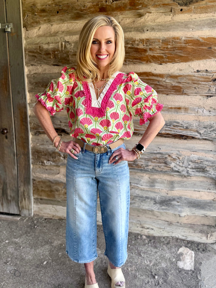 Coral Sweet Bloom V-Neck Blouse