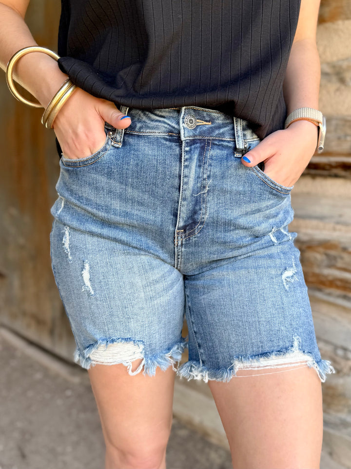 Nicole High Rise Distressed Long Shorts by Risen