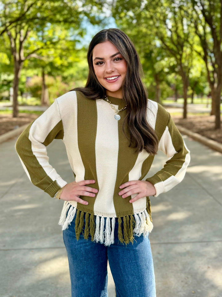Fringe Fun Olive Stripe Sweater
