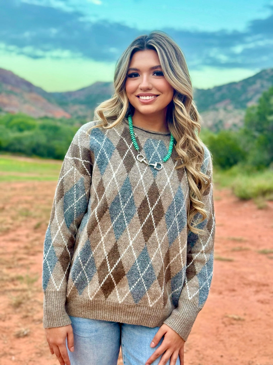 Fall Into Place Brown Argyle Sweater