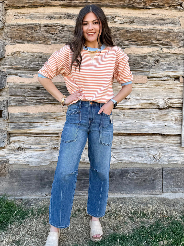 Clover Mid Rise Patch Pocket Barrel Jean by Risen