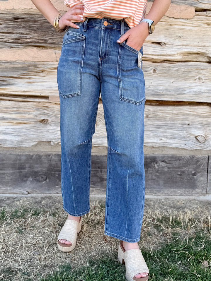 Clover Mid Rise Patch Pocket Barrel Jean by Risen