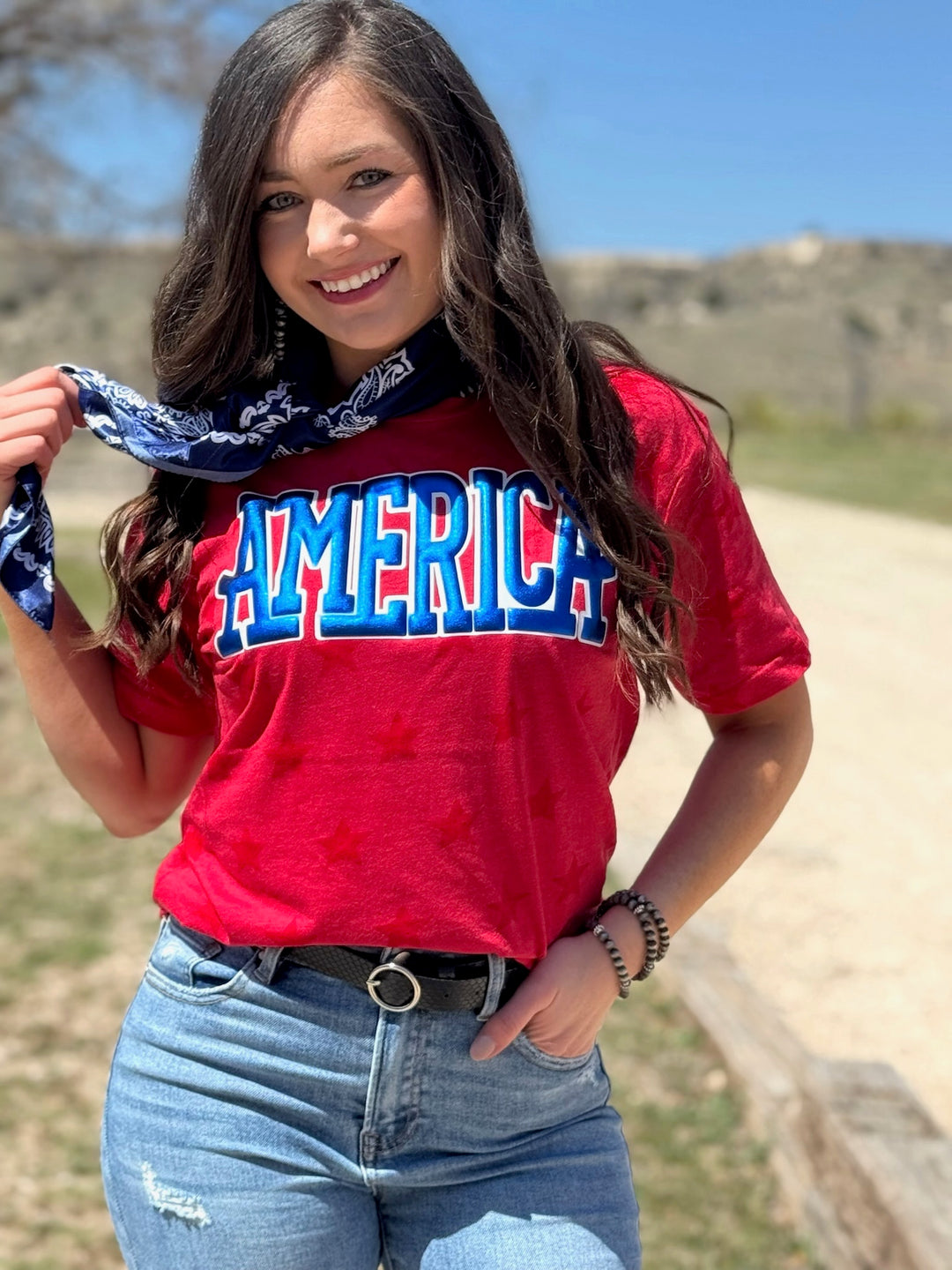 America in Blue Metallic Puff Tee by Texas True Threads