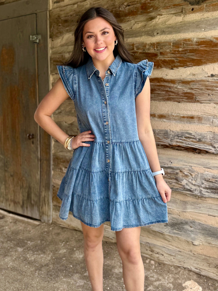 Playful Ruffle Chambray V-Neck Dress
