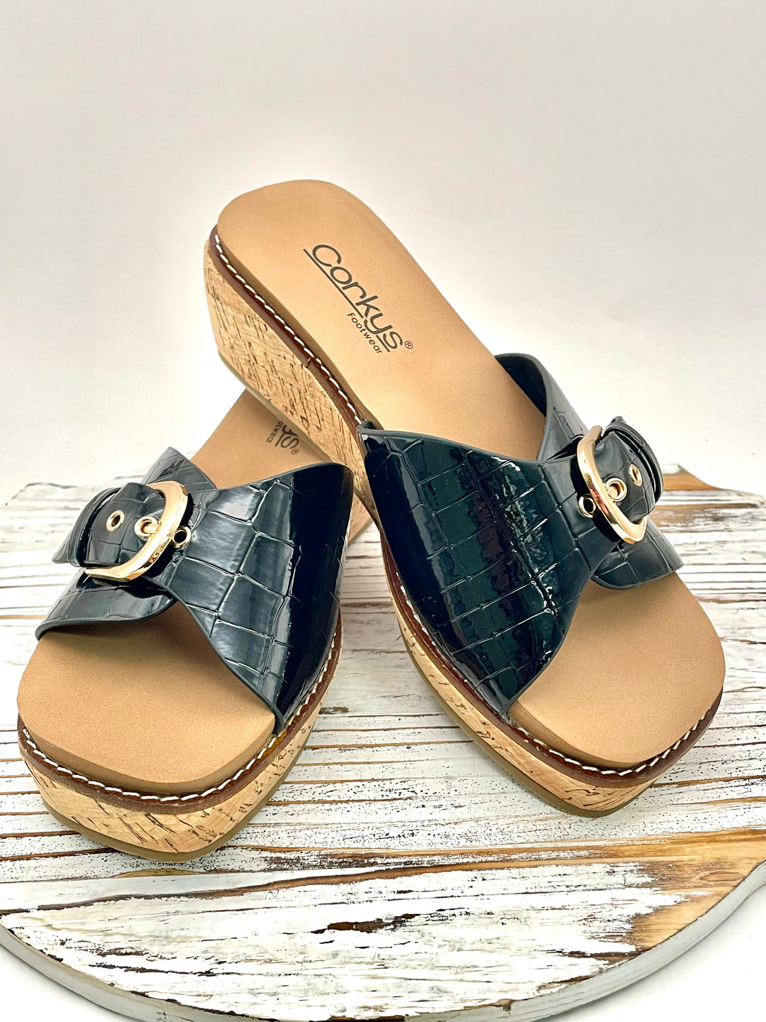 Reality Wedge Sandal in Black Croco by Corkys