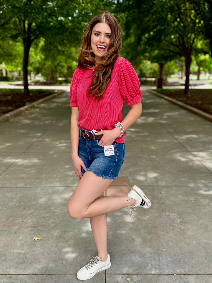 Easy Breezy Red Ribbed Puff Sleeve Top