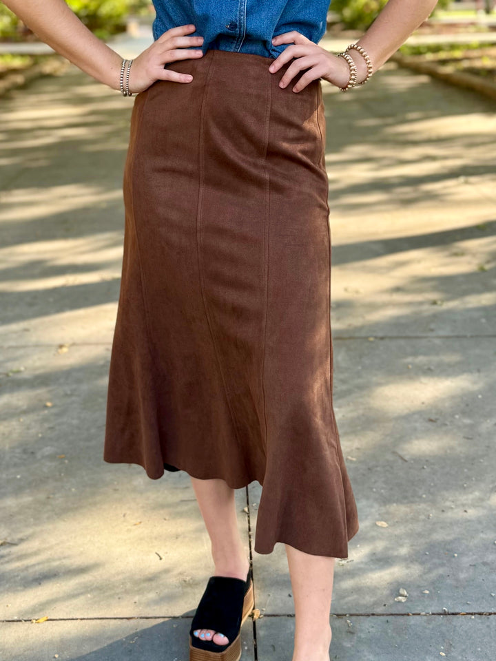 Rustic Suede Brown Midi Skirt by THML