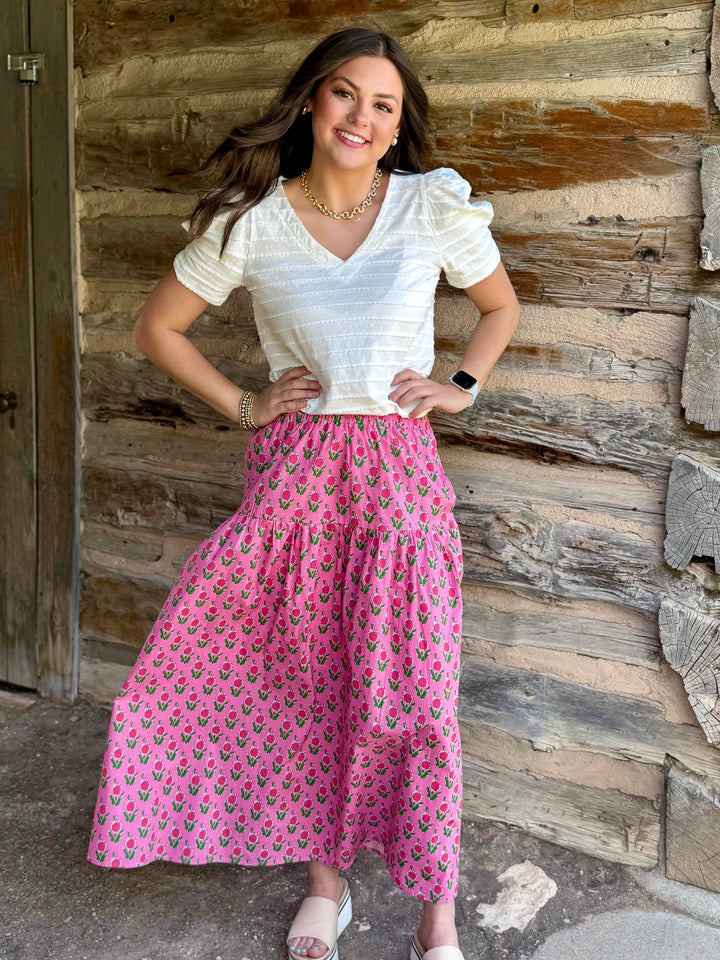 Pink Petals Floral Midi Skirt