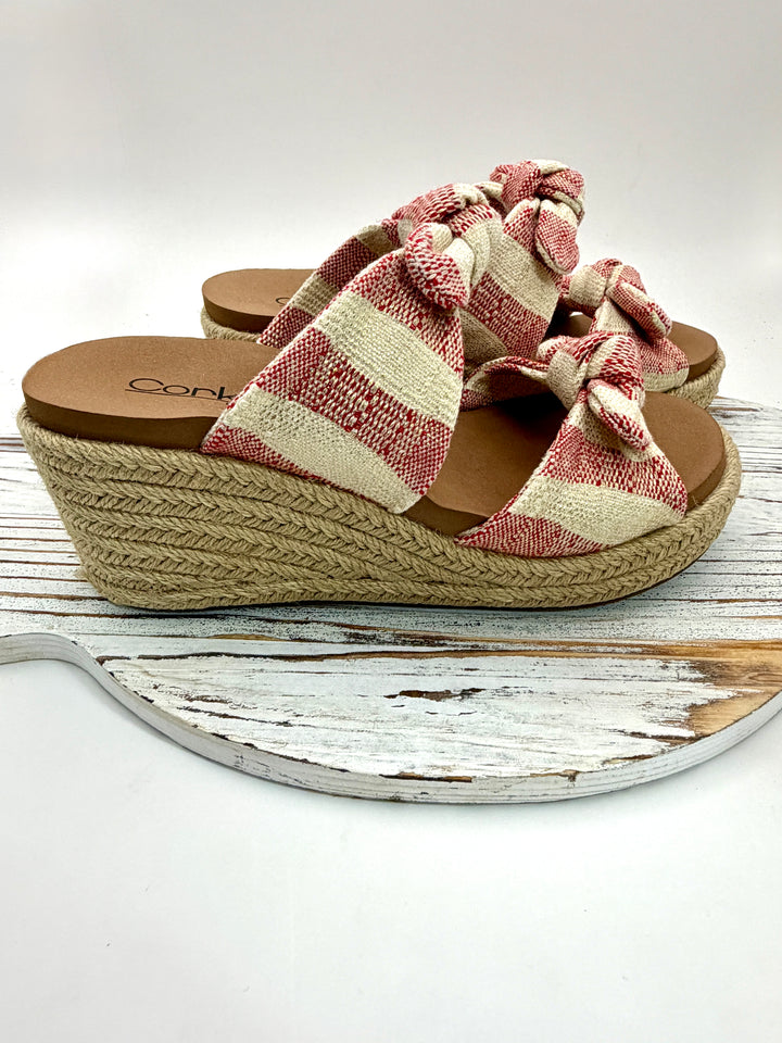 Tie The Knot Red Striped Wedge Sandal by Corkys