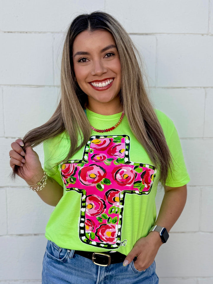 Callie Ann Stelter Floral Pink Cross Tee by Texas True Threads