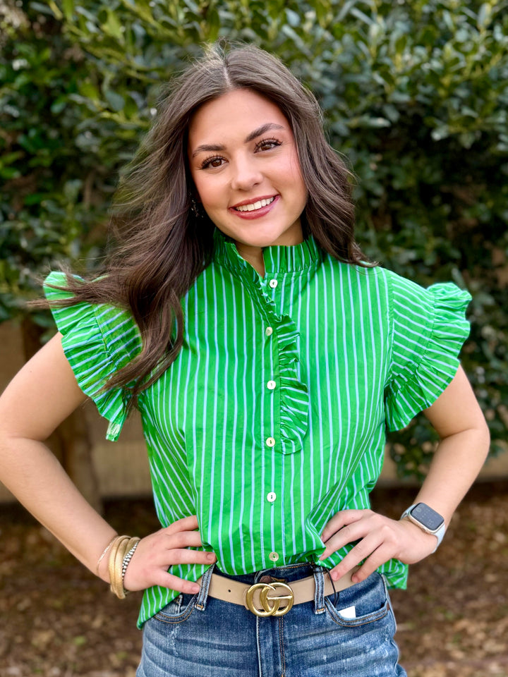 Spring Breeze Striped Ruffle Sleeve Top