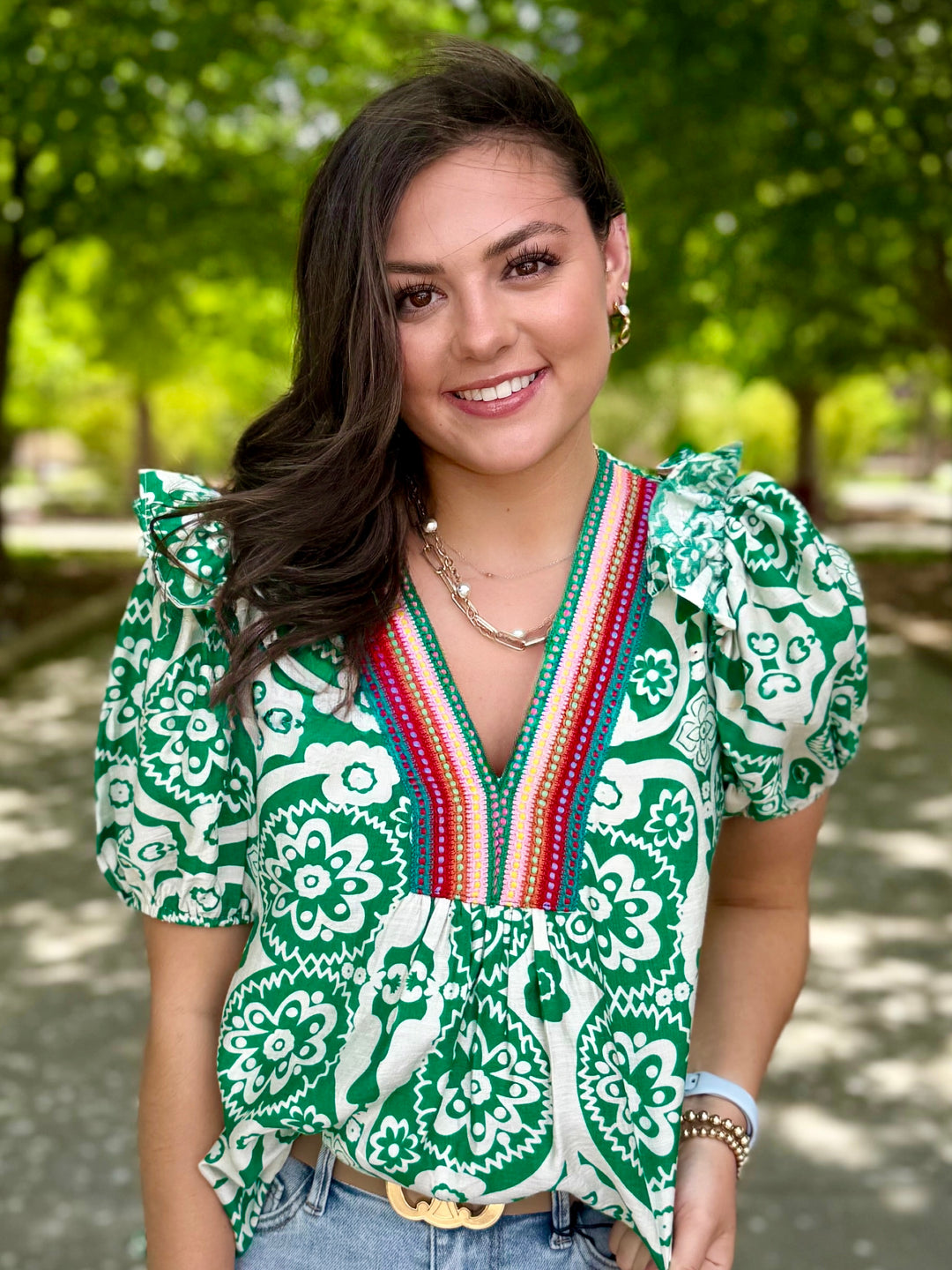 Color Thread V-Neck Green Top