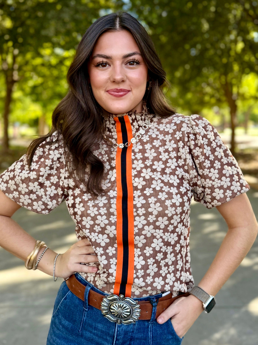 Harvest Time Brown Floral Puff Sleeve Top
