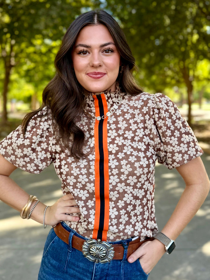 Harvest Time Brown Floral Puff Sleeve Top