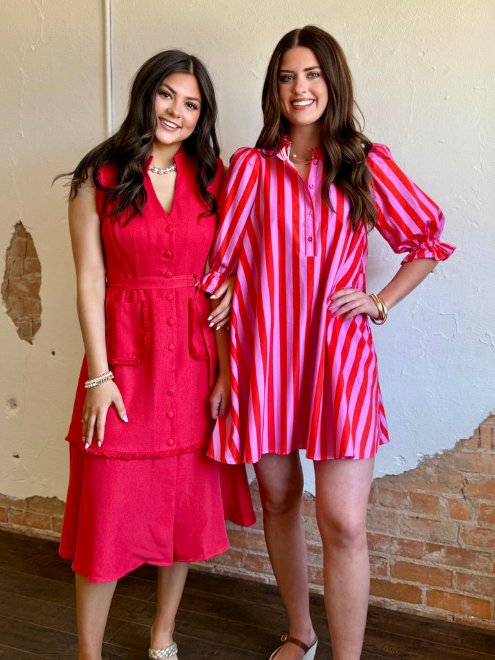 Blushing Pink Striped Puff Sleeve Dress