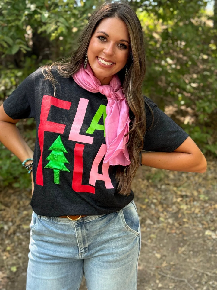 FA LA LA in Green Puff on Char Black Tee by Texas True Threads