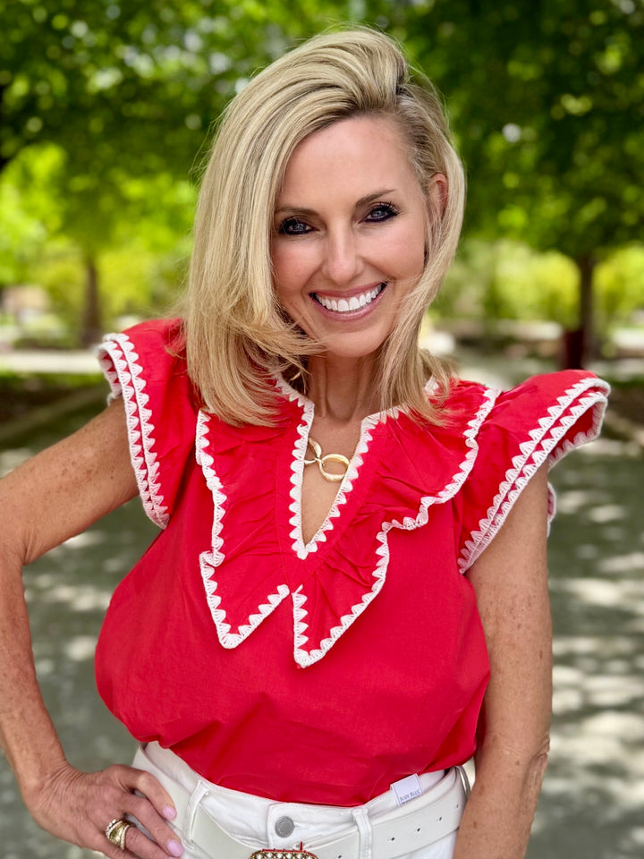 Coral Breeze Embroidered V-Neck Blouse