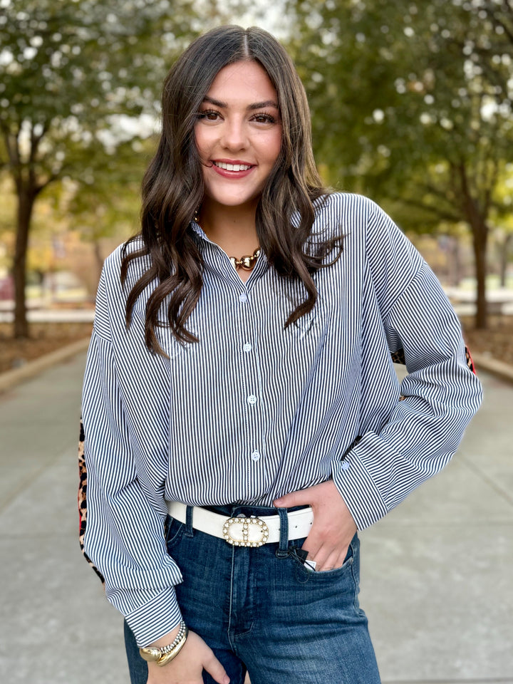 Leopard Edge Striped Button Up Top