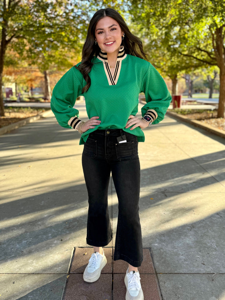 Green Textured Knit V-Neck Top