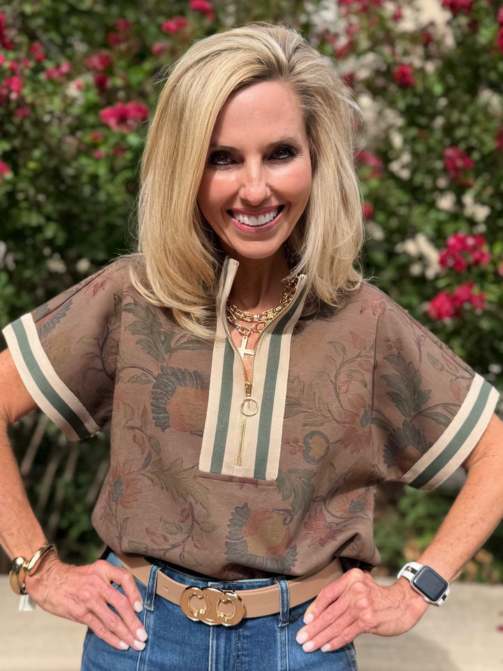 Soft Bloom Brown Floral 1/4 Zip Top