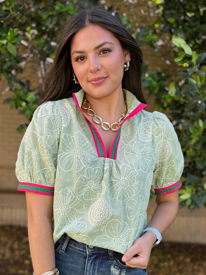 The Little Details Green V-Neck Blouse
