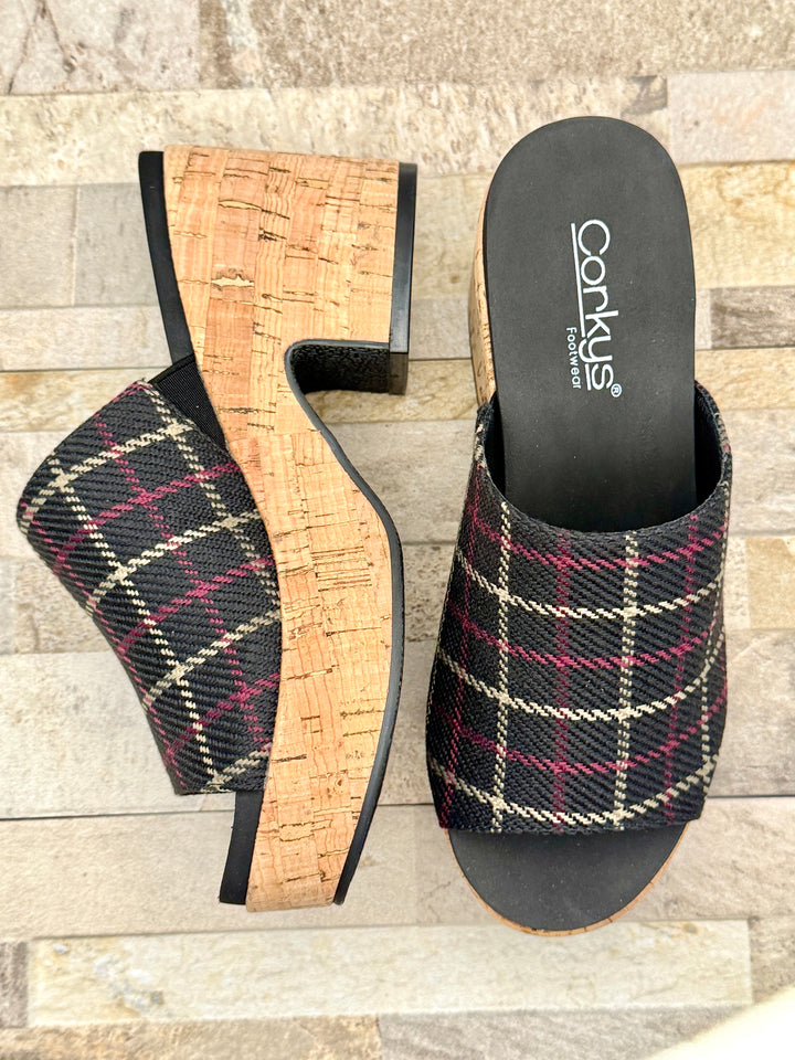 Totally Buggin Black Plaid Heel by Corkys