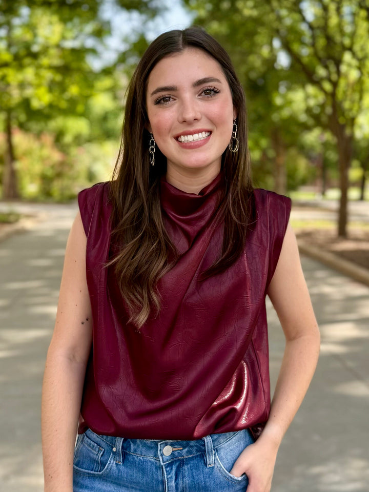 Maroon Draped Cowl Neck Top