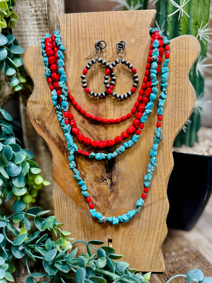 Nocona Turquoise Chip and Red Bead Long Necklace