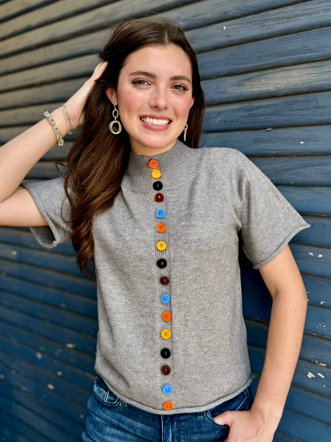 Playful Button Grey Knit Sweater