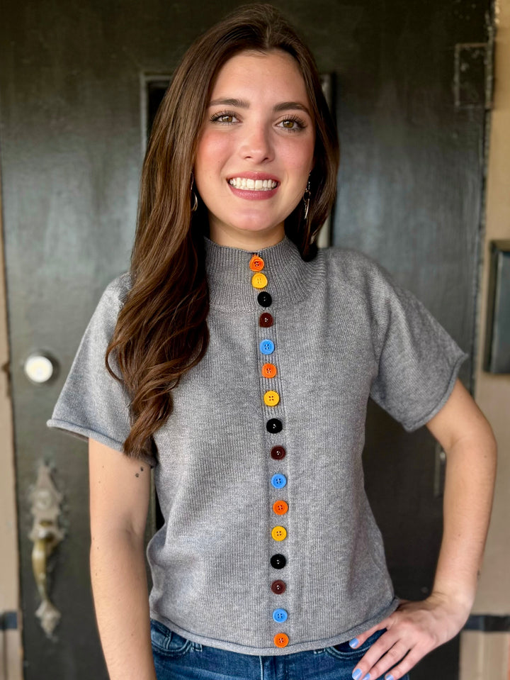 Playful Button Grey Knit Sweater