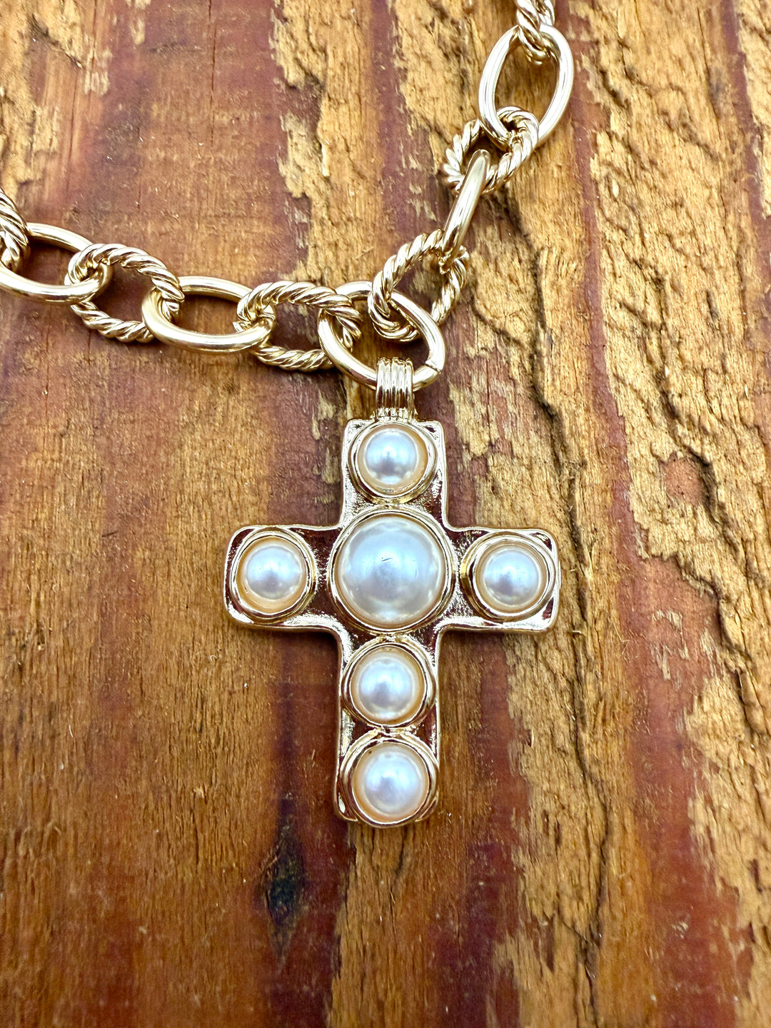 Chunky Chain Pearl Cross Necklace