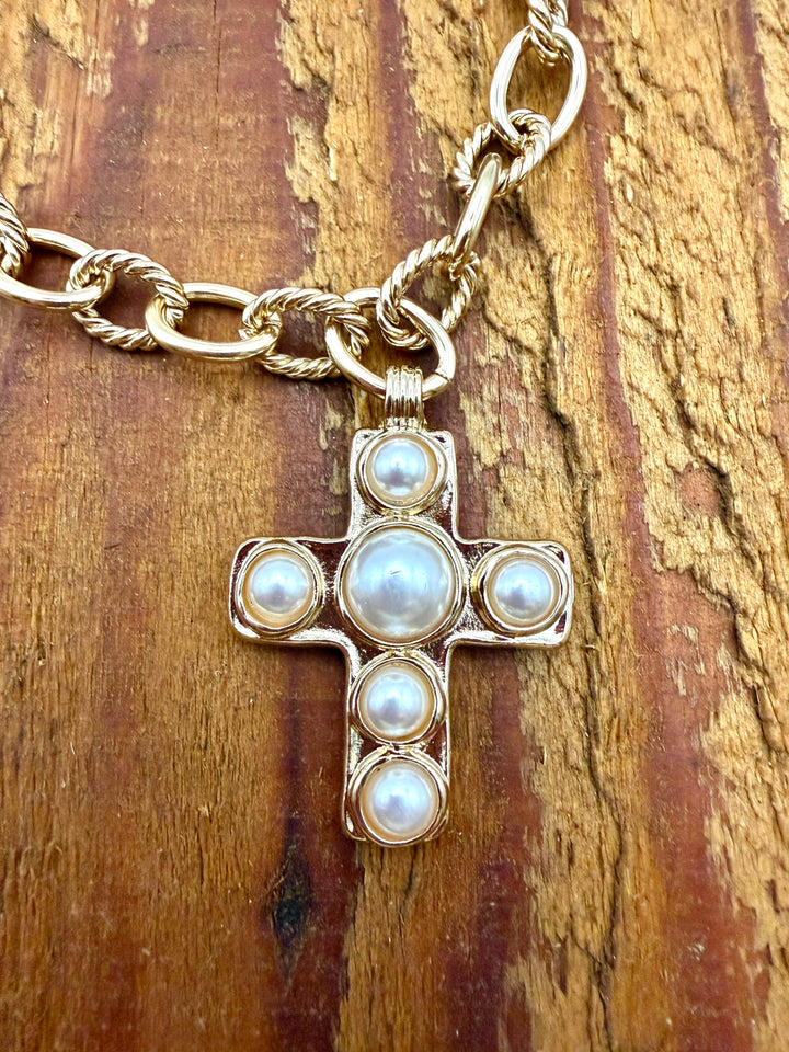 Chunky Chain Pearl Cross Necklace