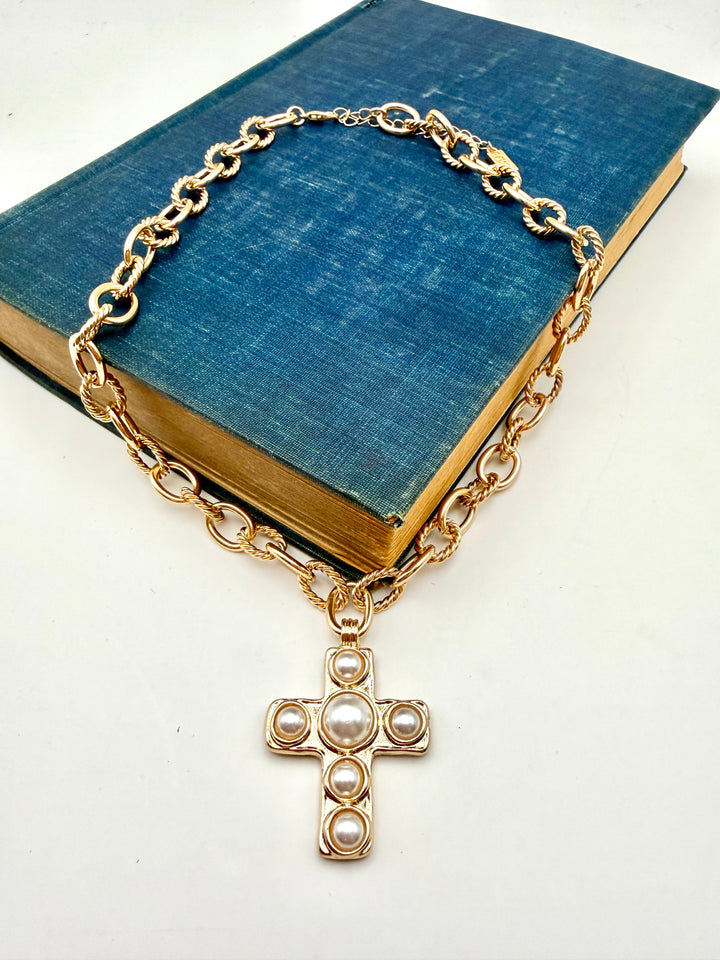 Chunky Chain Pearl Cross Necklace