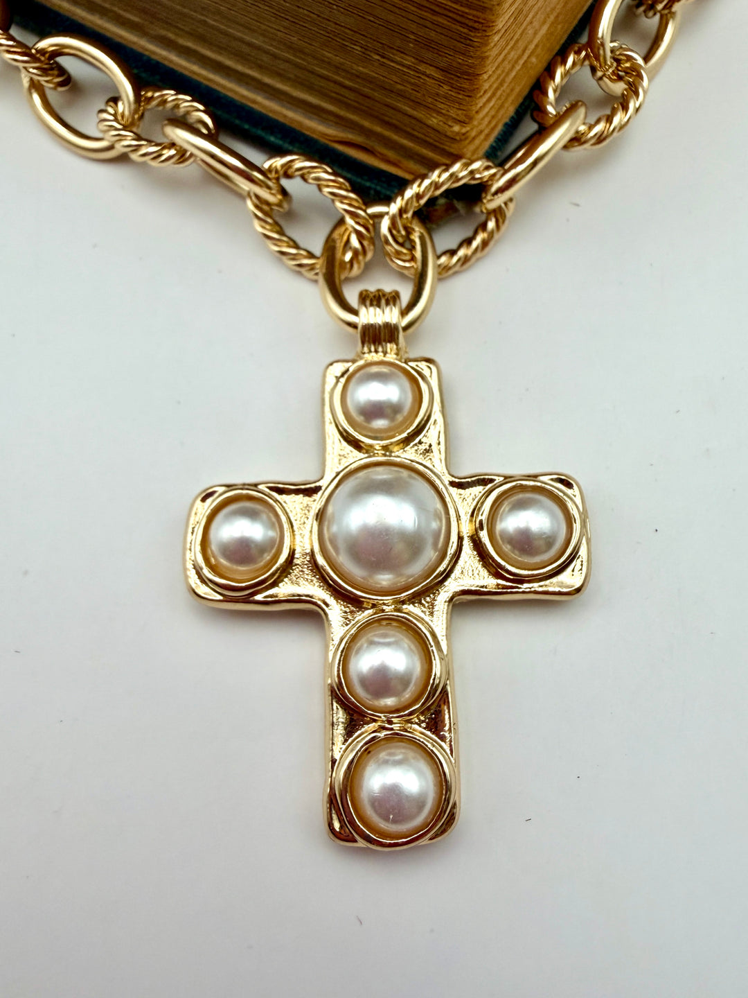 Chunky Chain Pearl Cross Necklace