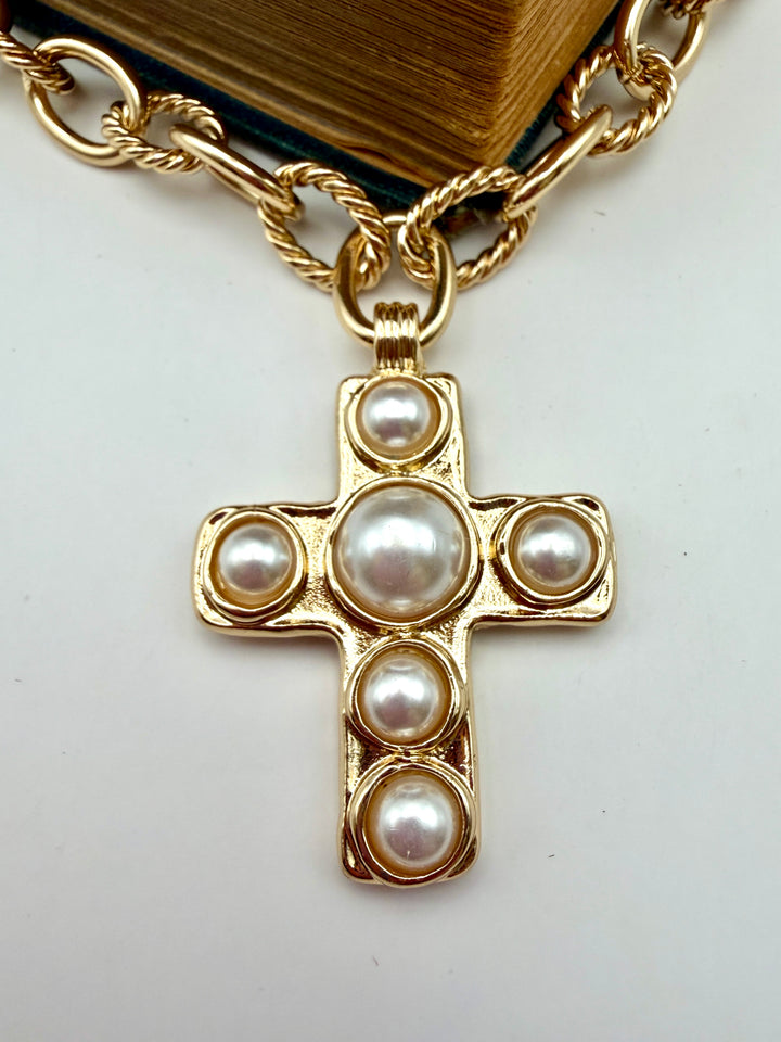 Chunky Chain Pearl Cross Necklace