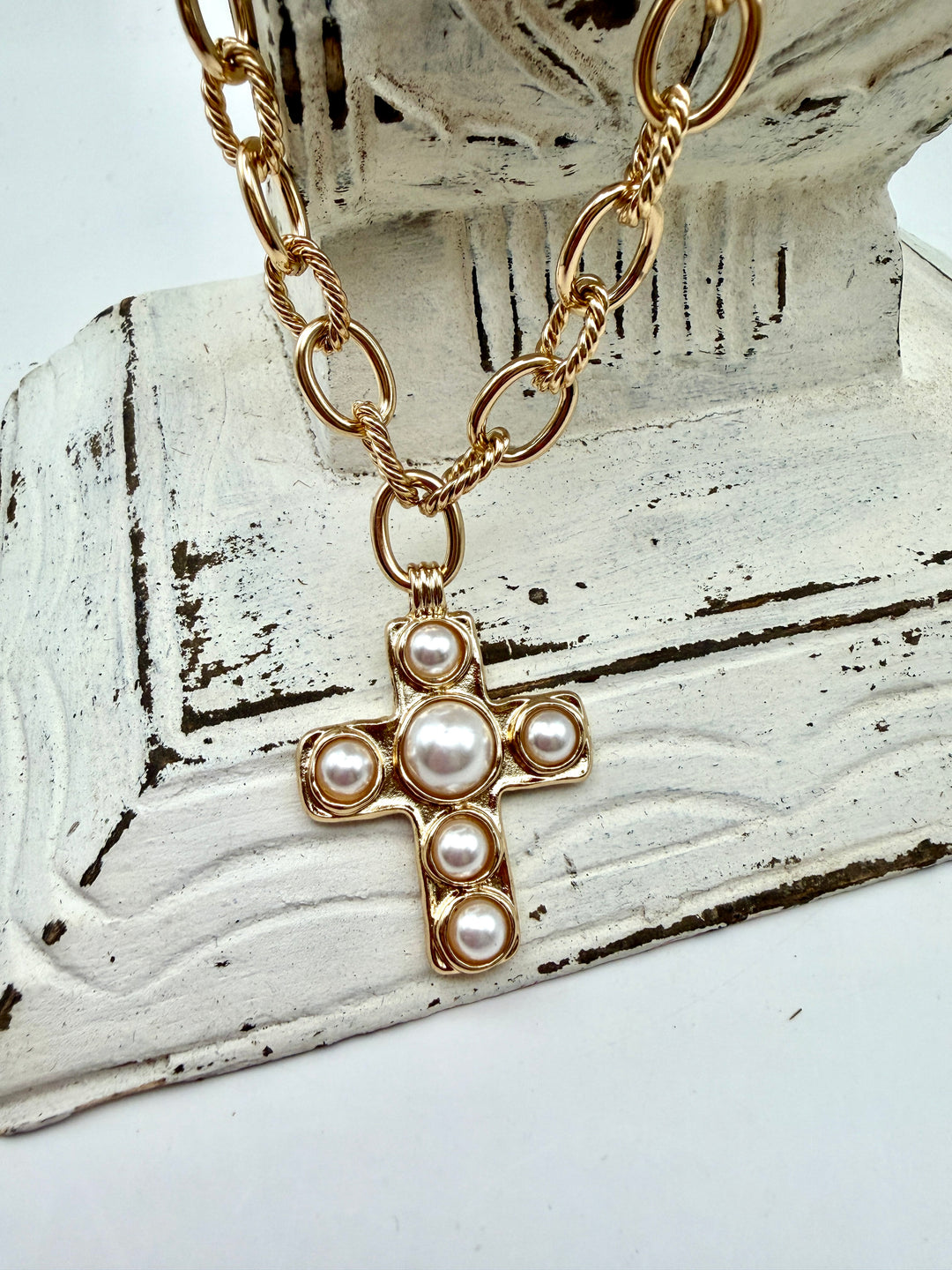 Chunky Chain Pearl Cross Necklace
