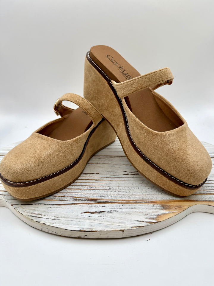 Me Time Camel Faux Suede Wedge By Corkys