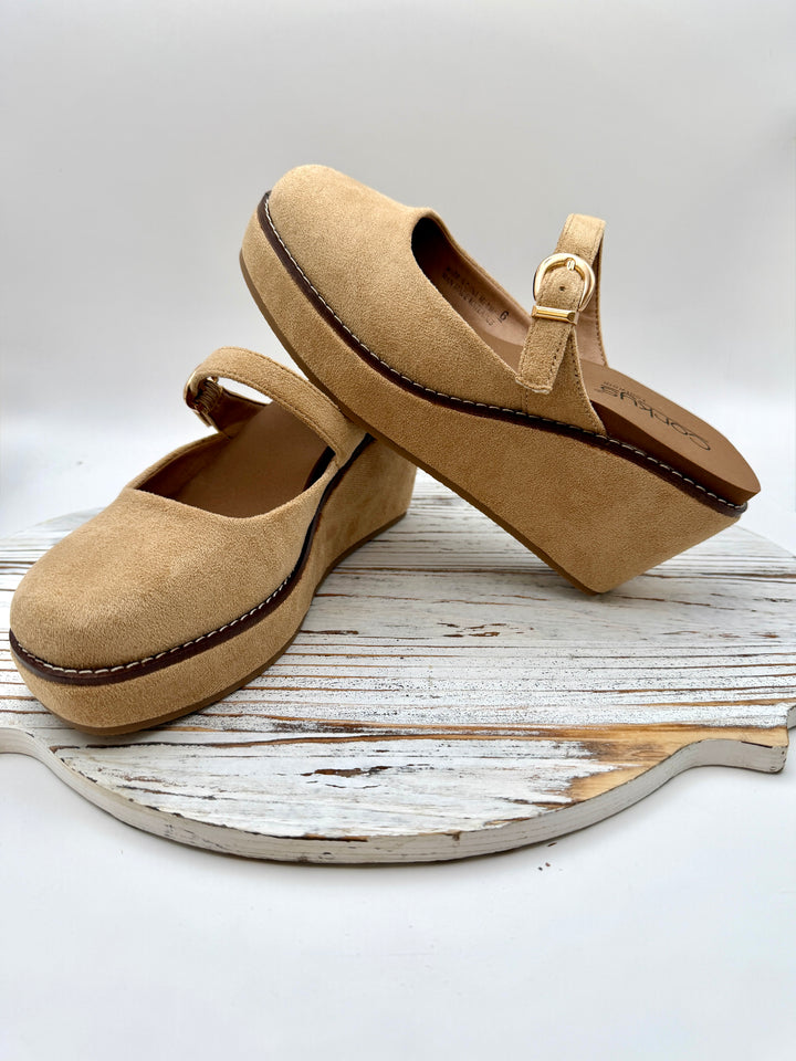 Me Time Camel Faux Suede Wedge By Corkys