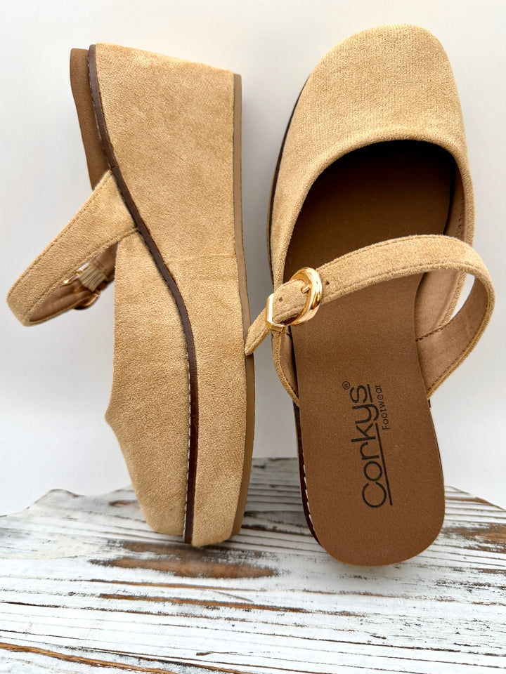 Me Time Camel Faux Suede Wedge By Corkys